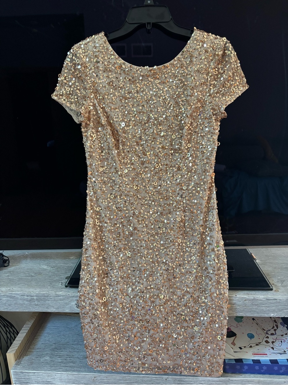 Adrianna Papell Gold Sequin Short Sleeve Sheath Mini Dress - Picture 3 of 7